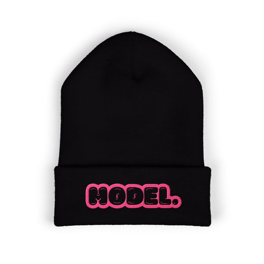 Hodel Embroidered Cuffed Beanie — Pink Bubble Letter Knit Hat