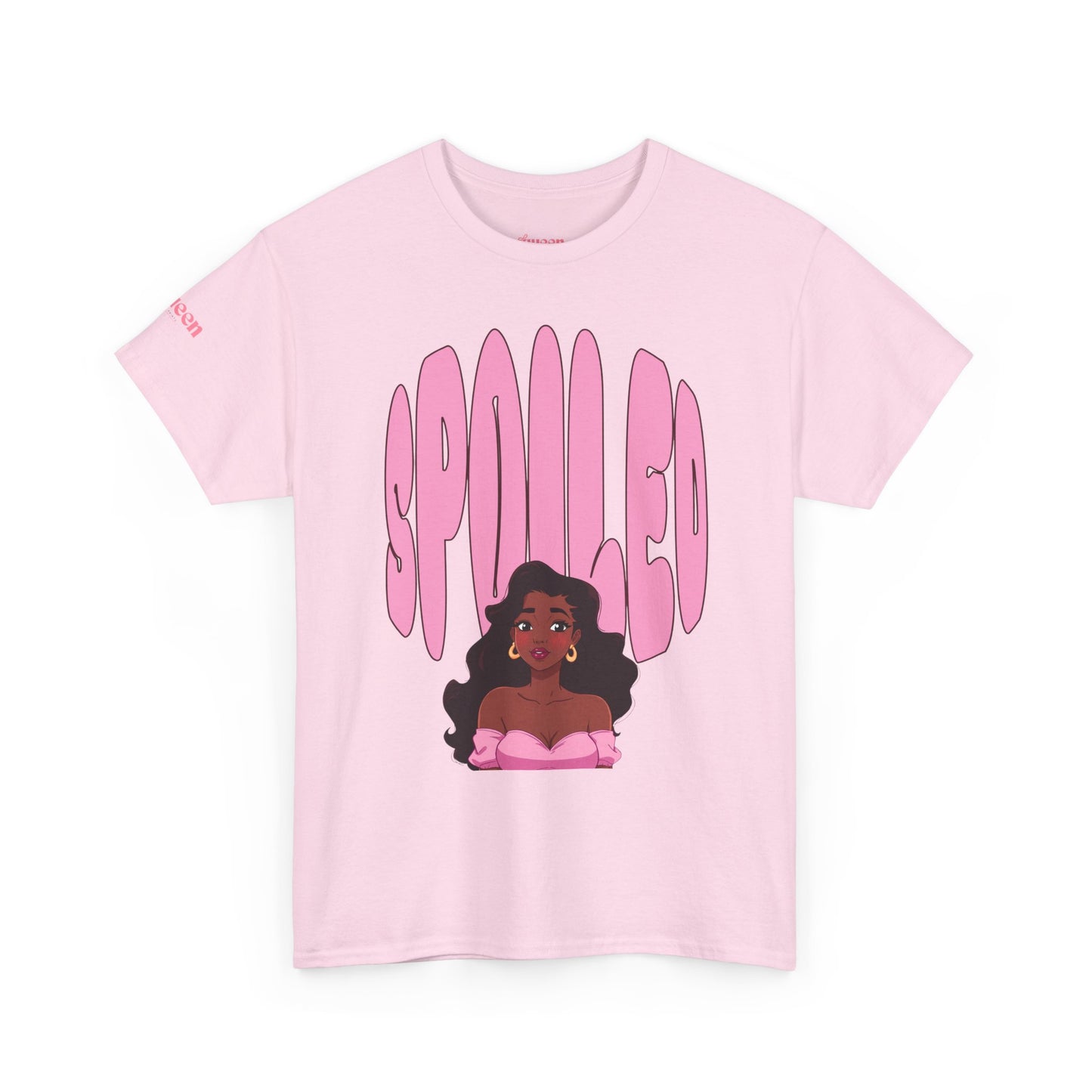 Spilled Pink Graphic Tee — Retro Bubble Letter Design with Curly-Haired Woman