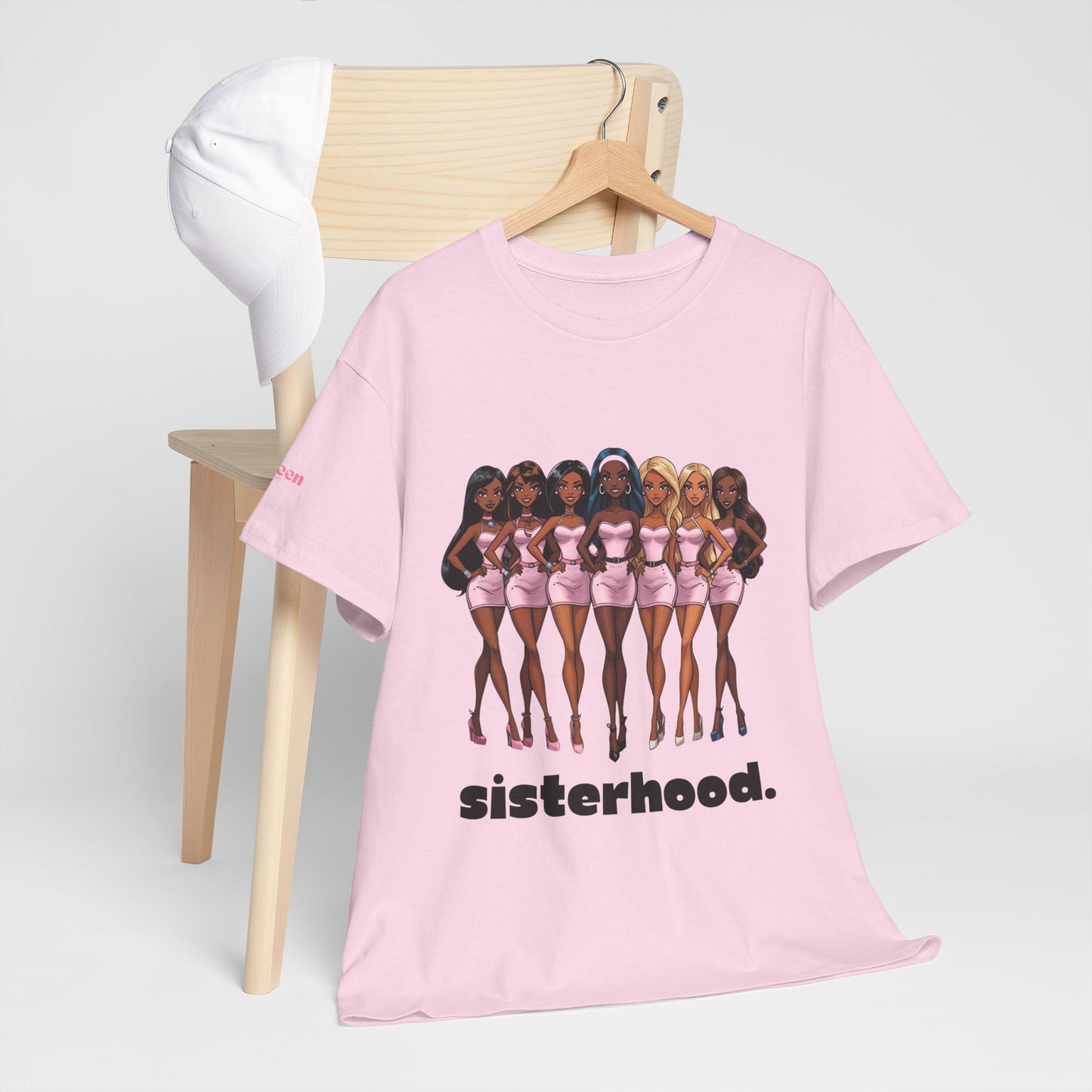 Sisterhood Graphic Tee — Diverse Dolls in Pink with “sisterhood.” Text