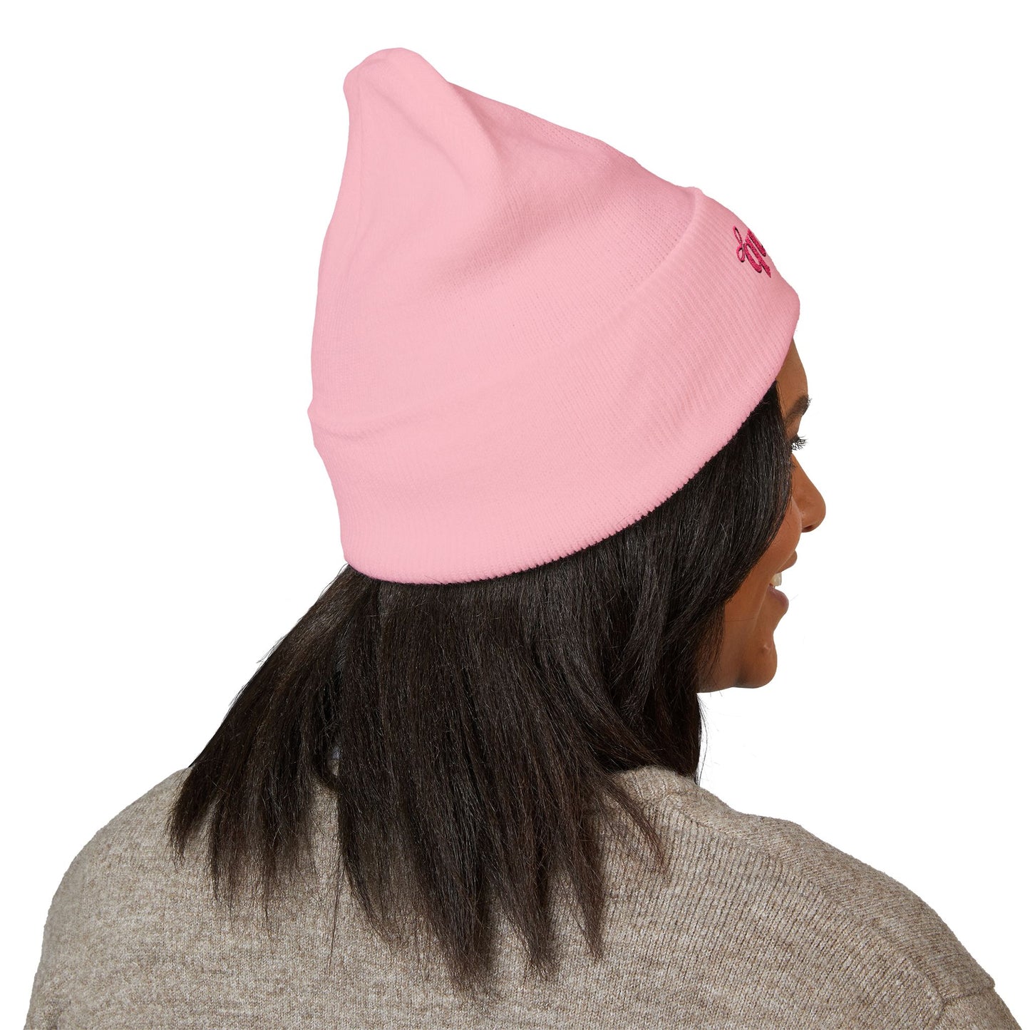 Embroidered "Queen" Cuffed Beanie – Pink Script Knit Hat