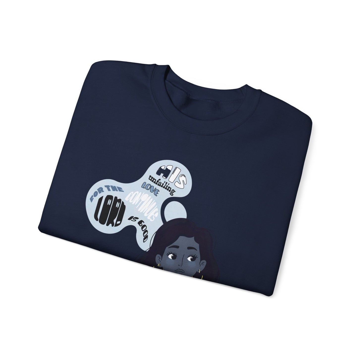 Crewneck Sweatshirt — Thoughtful Woman Illustration with Motivational Faith Word Bubbles