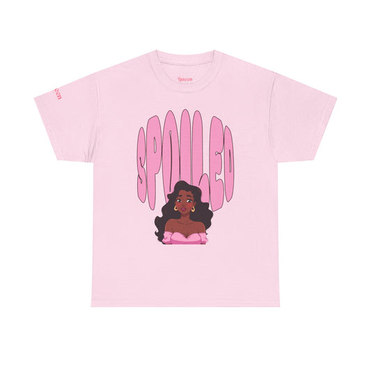 Spilled Pink Graphic Tee — Retro Bubble Letter Design with Curly-Haired Woman