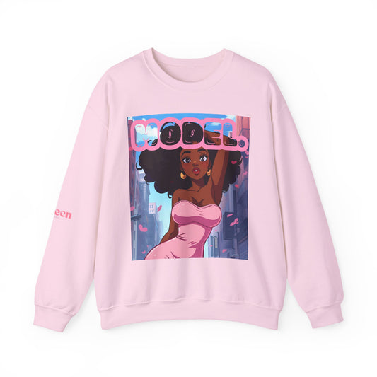 Model Girl Crewneck Sweatshirt — Afro Anime Illustration Graphic Sweatshirt