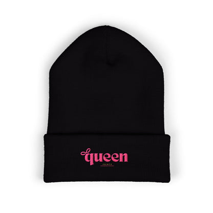 Embroidered "Queen" Cuffed Beanie – Pink Script Knit Hat