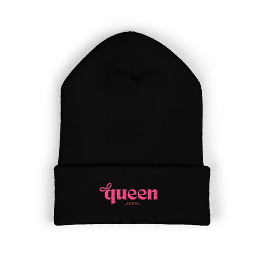 Embroidered "Queen" Cuffed Beanie – Pink Script Knit Hat