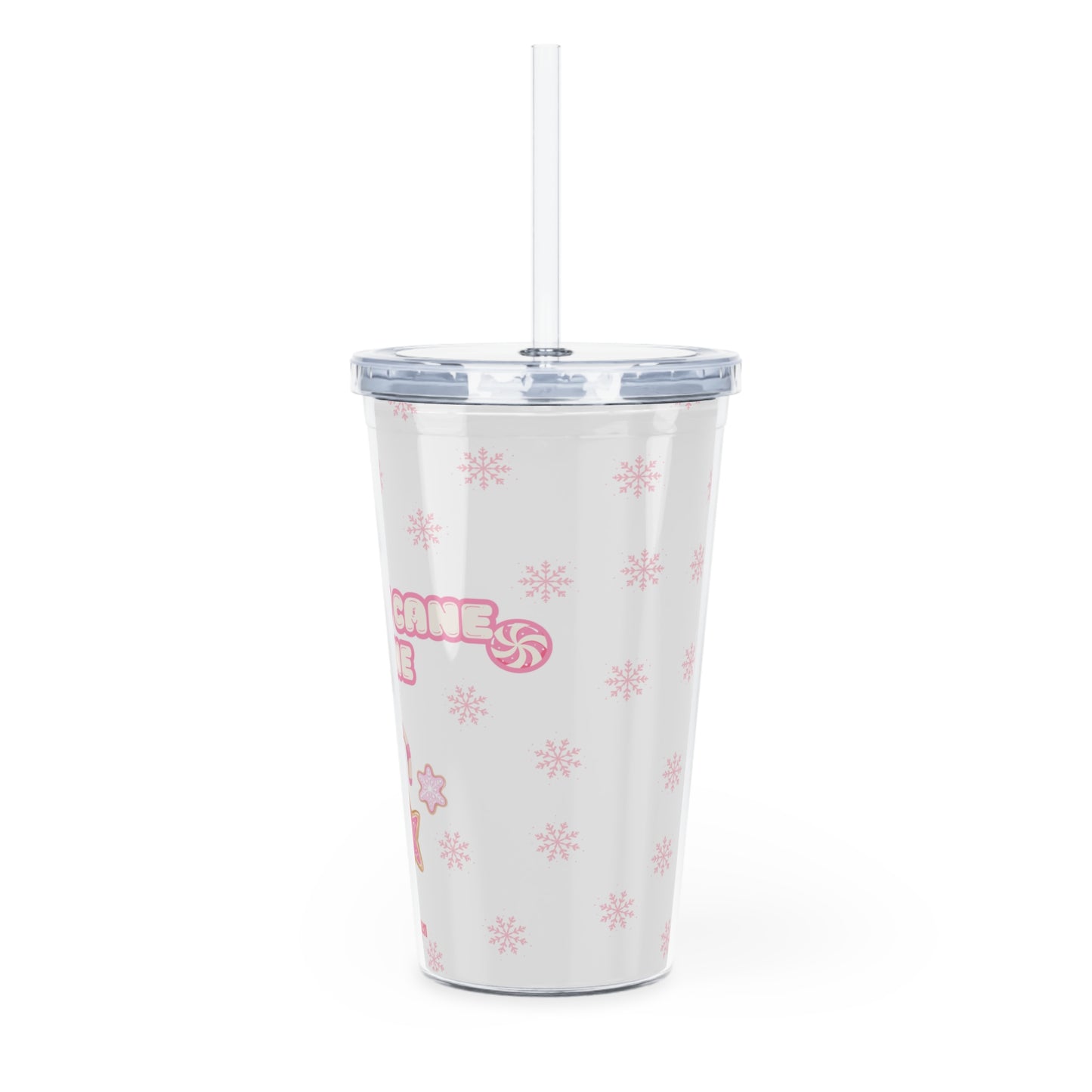 "Candy Cane Lane" Plastic Tumbler with Straw — Cute Pink Holiday Drink Cup