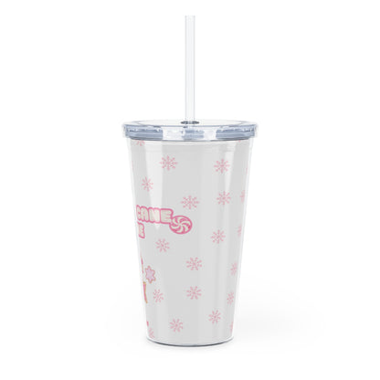 "Candy Cane Lane" Plastic Tumbler with Straw — Cute Pink Holiday Drink Cup