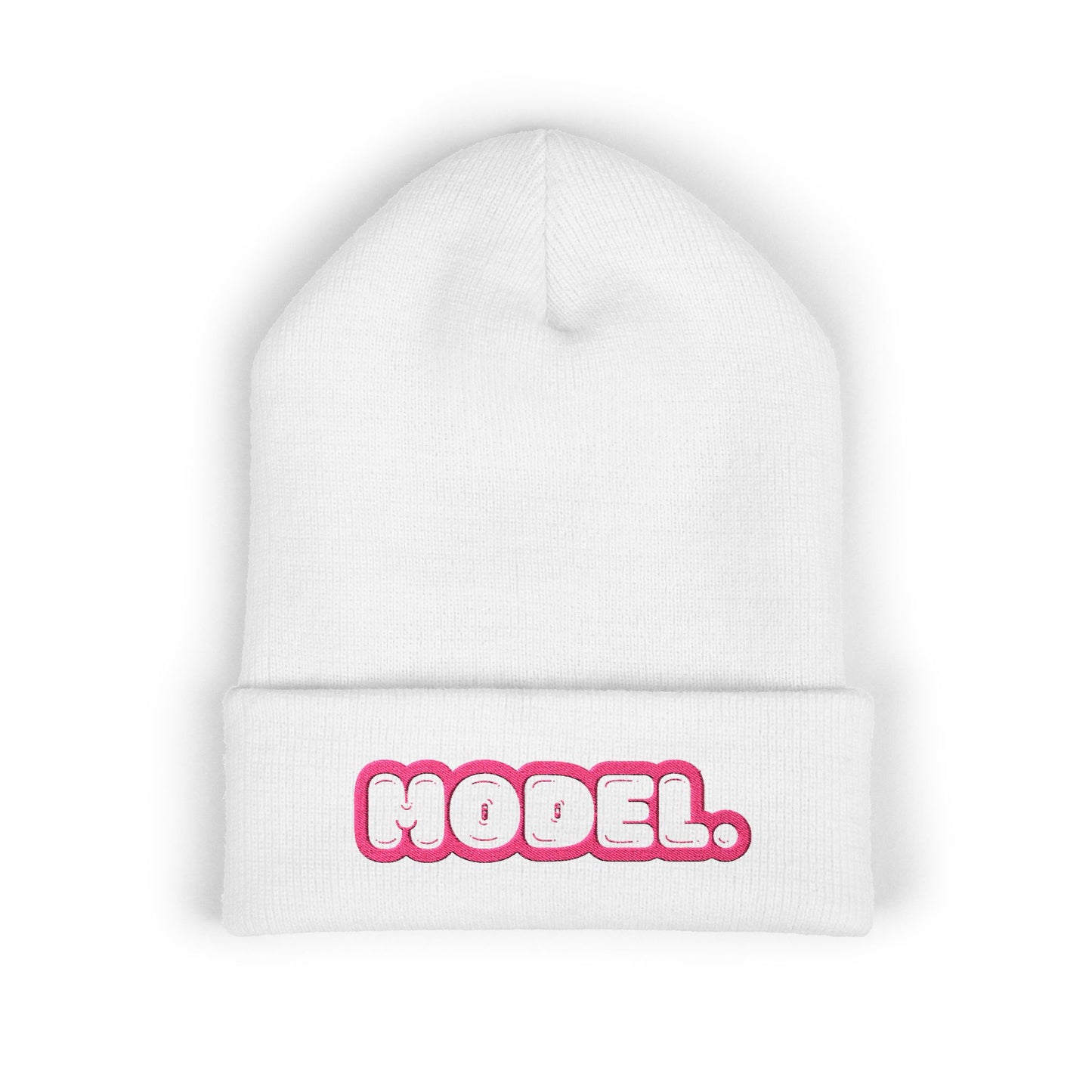 Hodel Embroidered Cuffed Beanie — Pink Bubble Letter Knit Hat