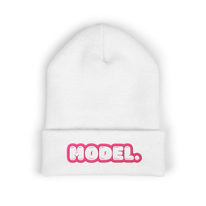 Hodel Embroidered Cuffed Beanie — Pink Bubble Letter Knit Hat