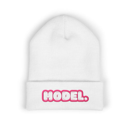 Hodel Embroidered Cuffed Beanie — Pink Bubble Letter Knit Hat