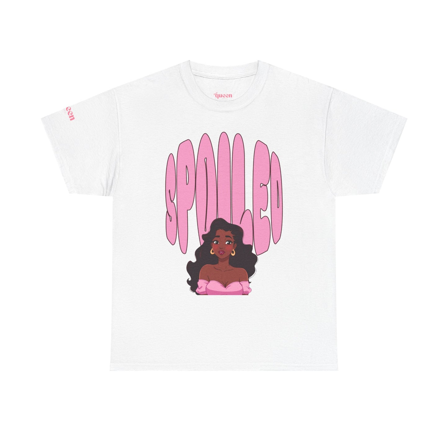 Spilled Pink Graphic Tee — Retro Bubble Letter Design with Curly-Haired Woman