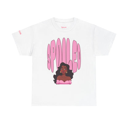 Spilled Pink Graphic Tee — Retro Bubble Letter Design with Curly-Haired Woman