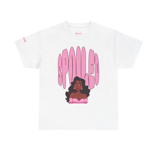 Spilled Pink Graphic Tee — Retro Bubble Letter Design with Curly-Haired Woman