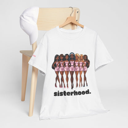 Sisterhood Graphic Tee — Diverse Dolls in Pink with “sisterhood.” Text