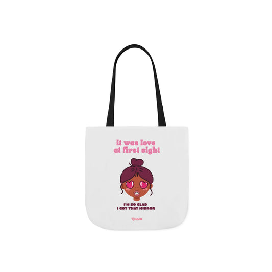 Canvas Tote — "It Was Love at First Sight" Cute Heart-Eyes Girl Graphic