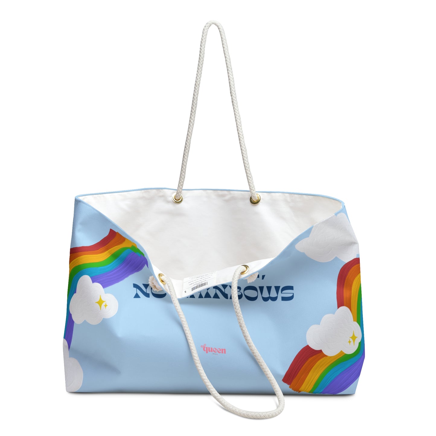 No Rain, No Rainbows Weekender Bag — Light Blue Rainbow & Clouds Travel Tote