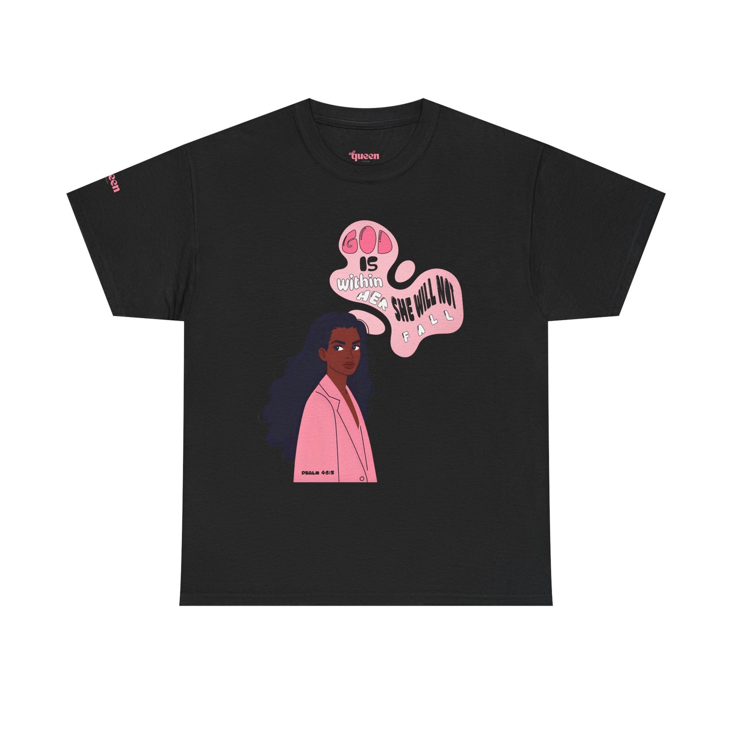 Empowerment Tee — "God Is Within Her" Graphic Shirt (Pink Illustration)