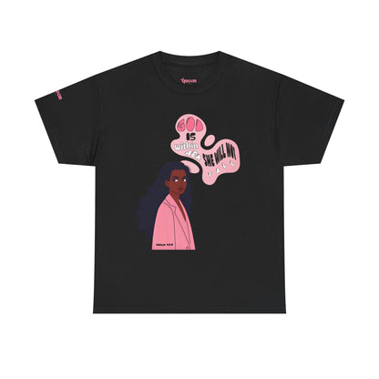 Empowerment Tee — "God Is Within Her" Graphic Shirt (Pink Illustration)