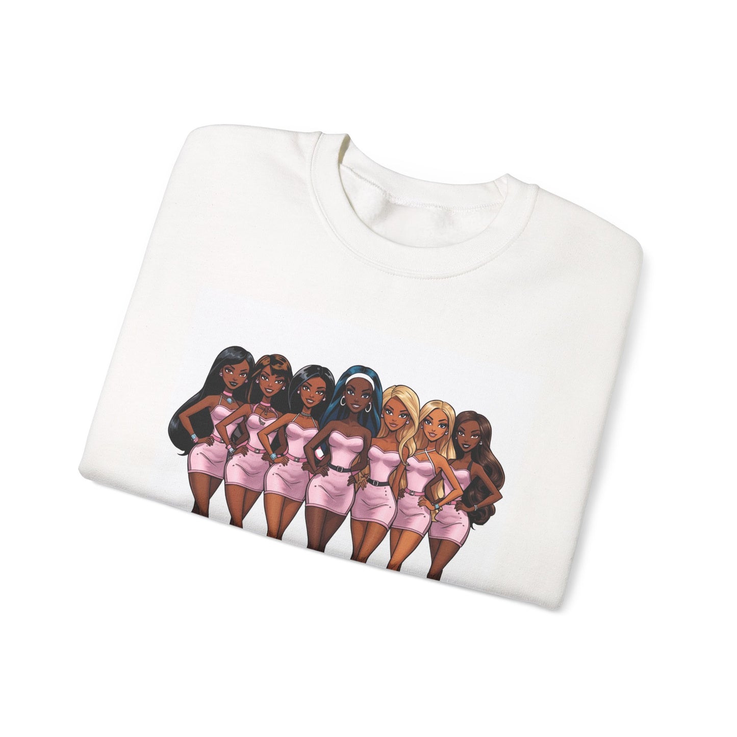 Sweatshirt — Sisterhood Graphic Crewneck (diverse dolls, 'sisterhood.' text)