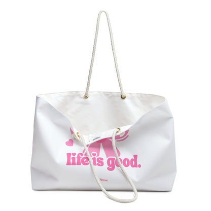 Weekender Bag — 'Life Is Good' Pink Bow Travel Tote