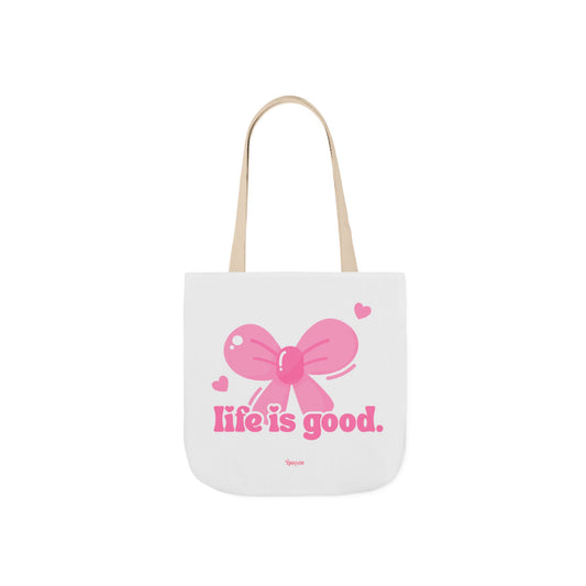 Tote Bag — 'Life is Good' Pink Bow Canvas Tote, Cute Heart Gift Bag