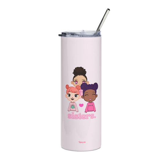 20oz Pink Stainless Tumbler — Cute 'Sisters' Cartoon Girls Design