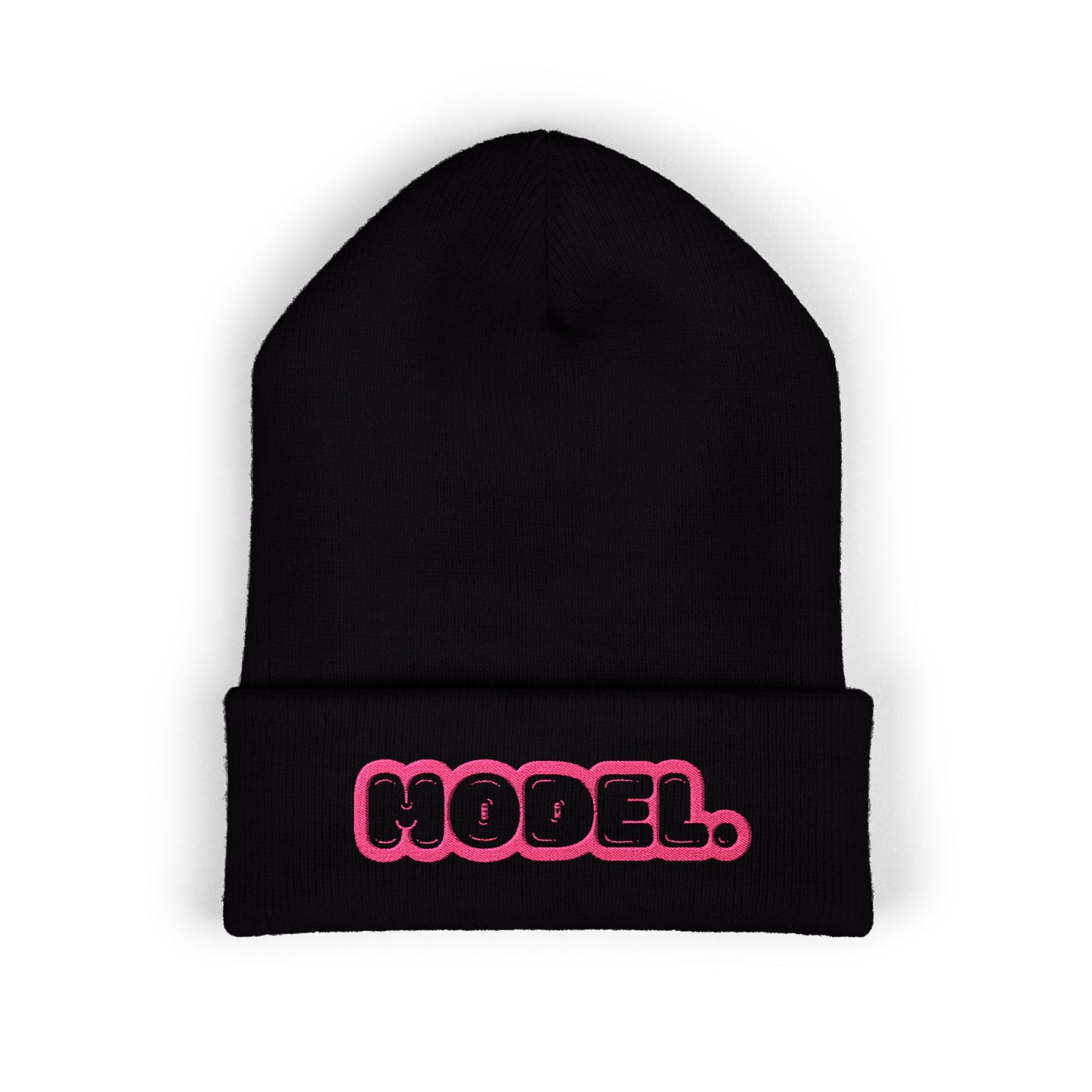 Hodel Embroidered Cuffed Beanie — Pink Bubble Letter Knit Hat