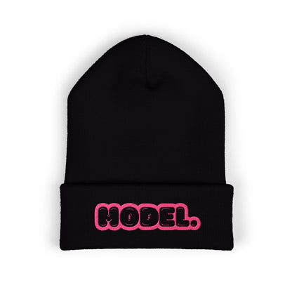 Hodel Embroidered Cuffed Beanie — Pink Bubble Letter Knit Hat