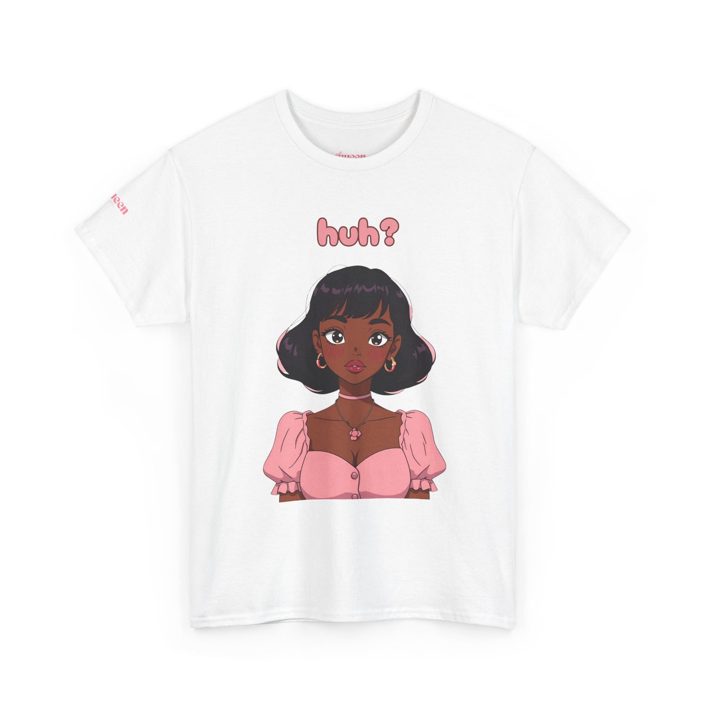 Cute Anime Girl 'huh?' Graphic Tee - Women's Pink Puff Sleeve Illustration