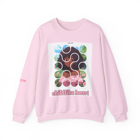 Childlike Heart Crewneck Sweatshirt — Whimsical Retro Puzzle Girl Graphic