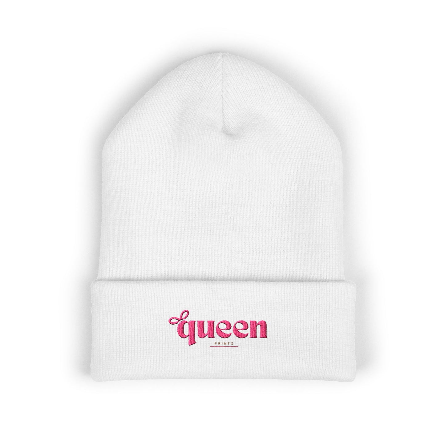Embroidered "Queen" Cuffed Beanie – Pink Script Knit Hat