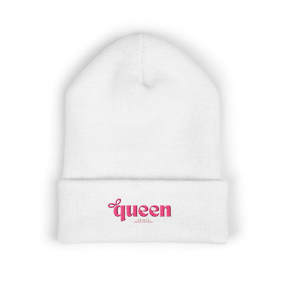 Embroidered "Queen" Cuffed Beanie – Pink Script Knit Hat