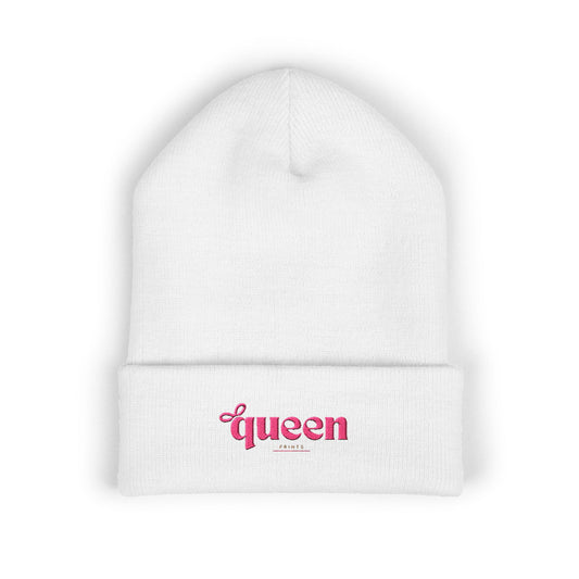 Embroidered "Queen" Cuffed Beanie – Pink Script Knit Hat