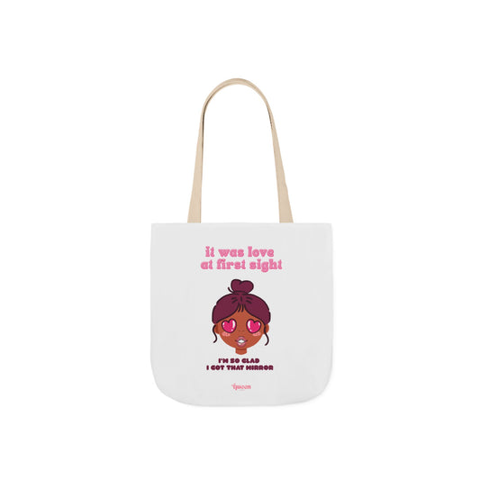 Canvas Tote — "It Was Love at First Sight" Cute Heart-Eyes Girl Graphic