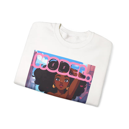 Model Girl Crewneck Sweatshirt — Afro Anime Illustration Graphic Sweatshirt