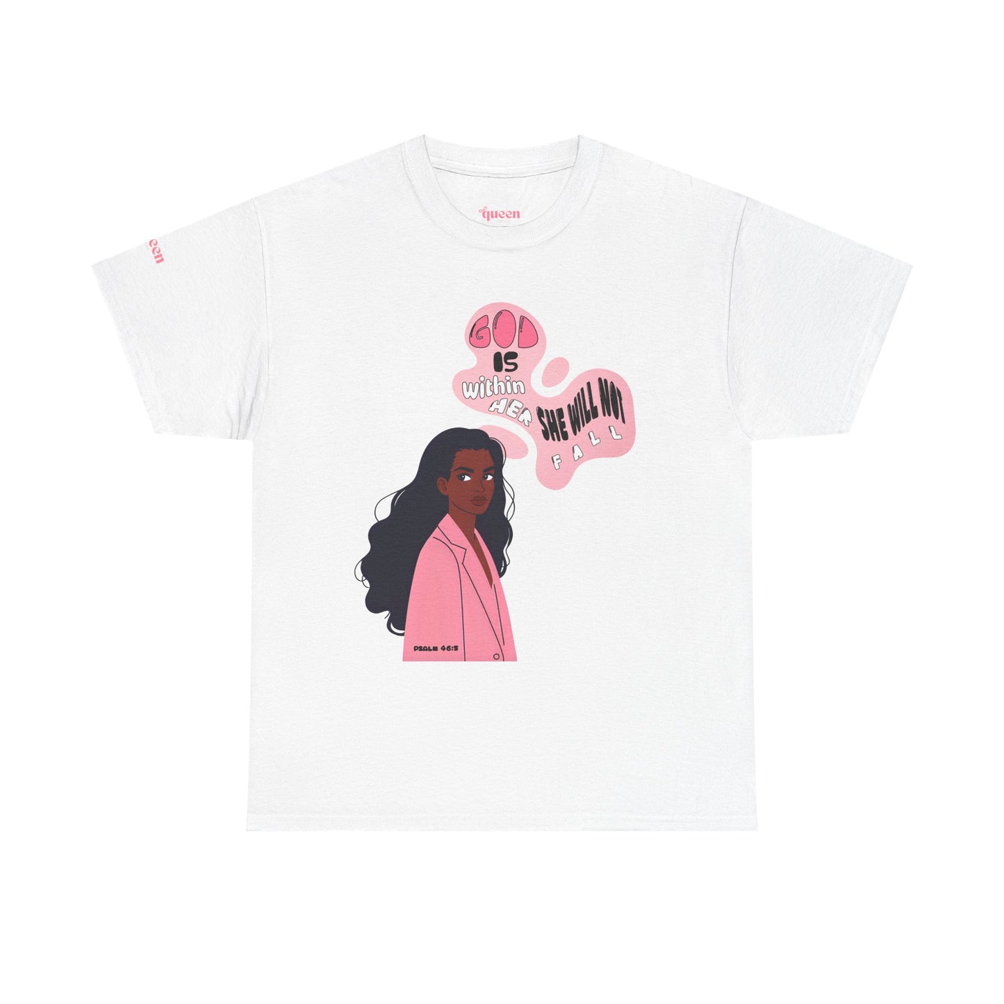 Empowerment Tee — "God Is Within Her" Graphic Shirt (Pink Illustration)
