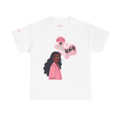 Empowerment Tee — "God Is Within Her" Graphic Shirt (Pink Illustration)