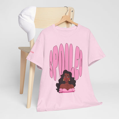 Spilled Pink Graphic Tee — Retro Bubble Letter Design with Curly-Haired Woman