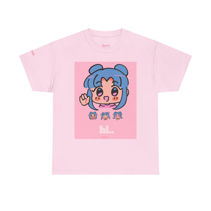 Cute Anime Hello Graphic Tee — "hi.." Blue Chibi Character T-Shirt