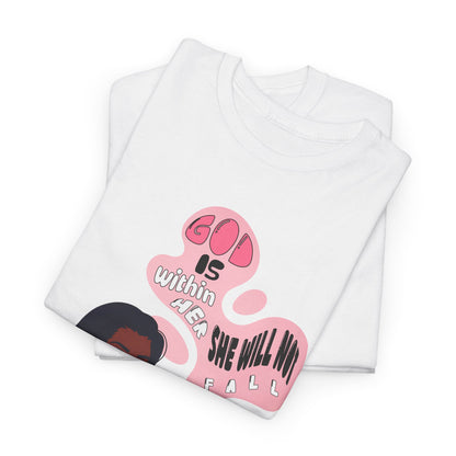 Empowerment Tee — "God Is Within Her" Graphic Shirt (Pink Illustration)