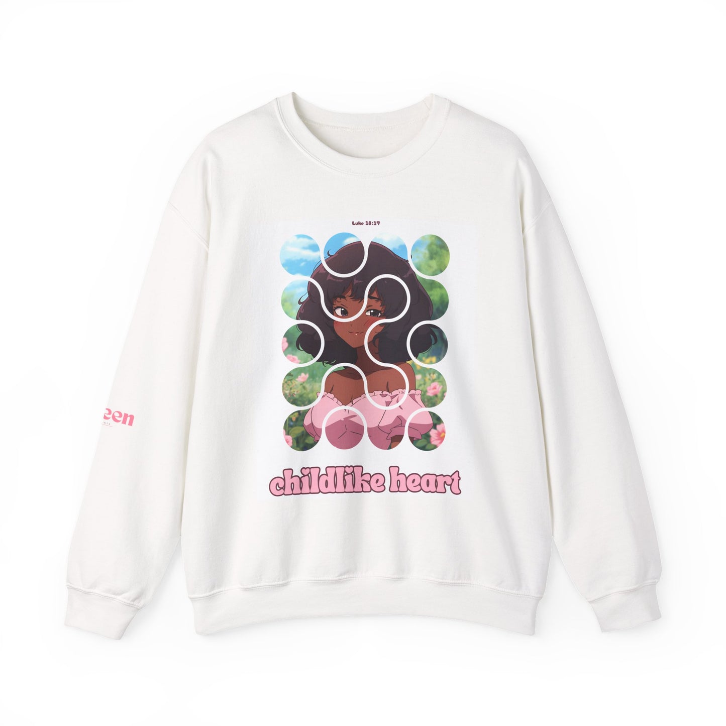 Childlike Heart Crewneck Sweatshirt — Whimsical Retro Puzzle Girl Graphic
