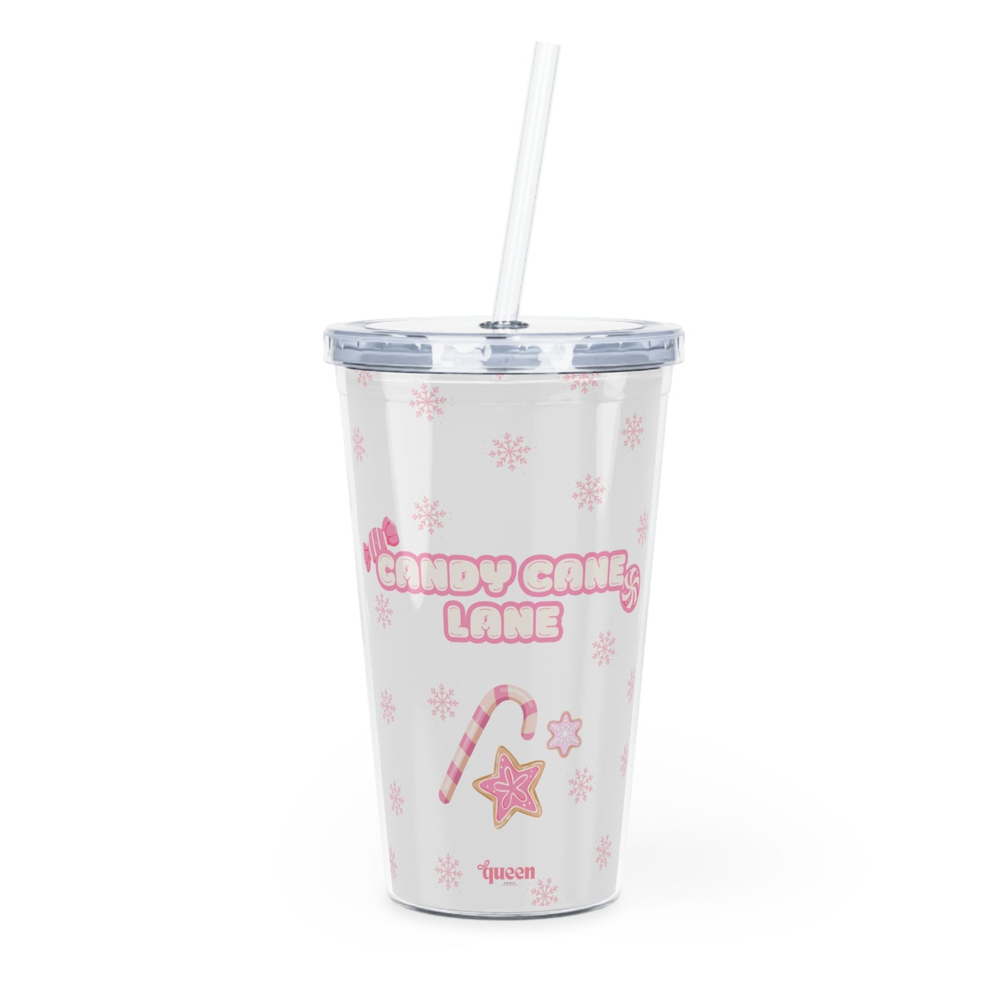 "Candy Cane Lane" Plastic Tumbler with Straw — Cute Pink Holiday Drink Cup