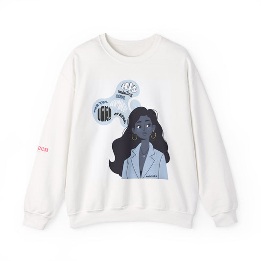 Crewneck Sweatshirt — Thoughtful Woman Illustration with Motivational Faith Word Bubbles