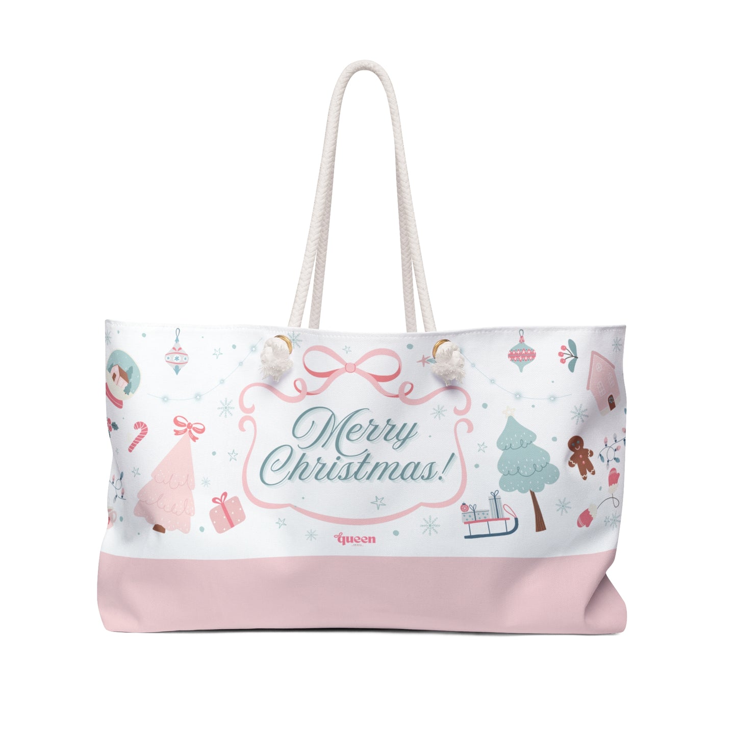 Merry Christmas Weekender Bag — Pink Holiday Travel Tote with Festive Icons