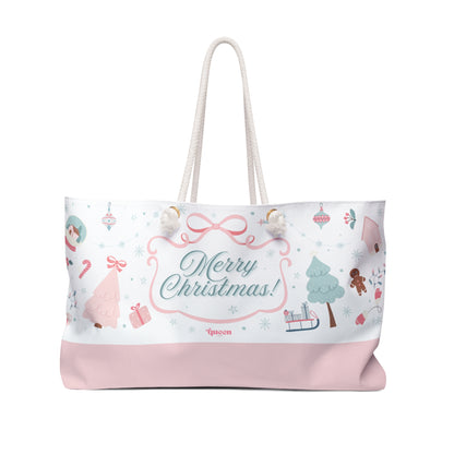 Merry Christmas Weekender Bag — Pink Holiday Travel Tote with Festive Icons