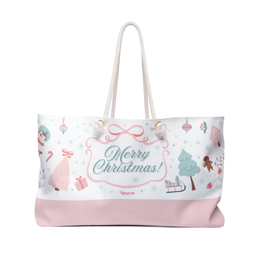 Merry Christmas Weekender Bag — Pink Holiday Travel Tote with Festive Icons