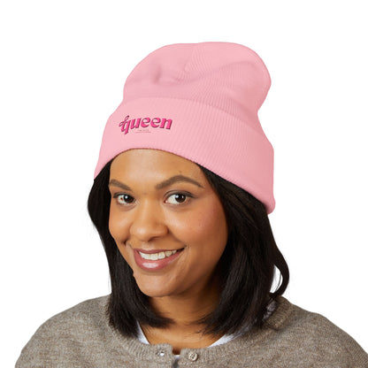 Embroidered "Queen" Cuffed Beanie – Pink Script Knit Hat