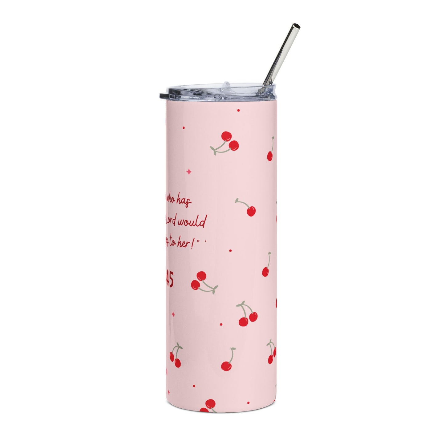 Luke 1:45 Cherry Pattern 20oz Stainless Tumbler — Faith-Inspired Pink Travel Cup