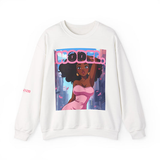 Model Girl Crewneck Sweatshirt — Afro Anime Illustration Graphic Sweatshirt