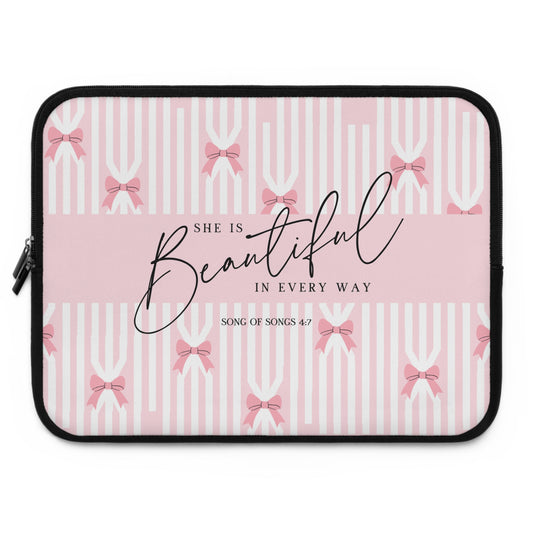 Beautiful in Every Way Pink Laptop Sleeve — Christian Scripture 'Song of Songs 4:7' Gift